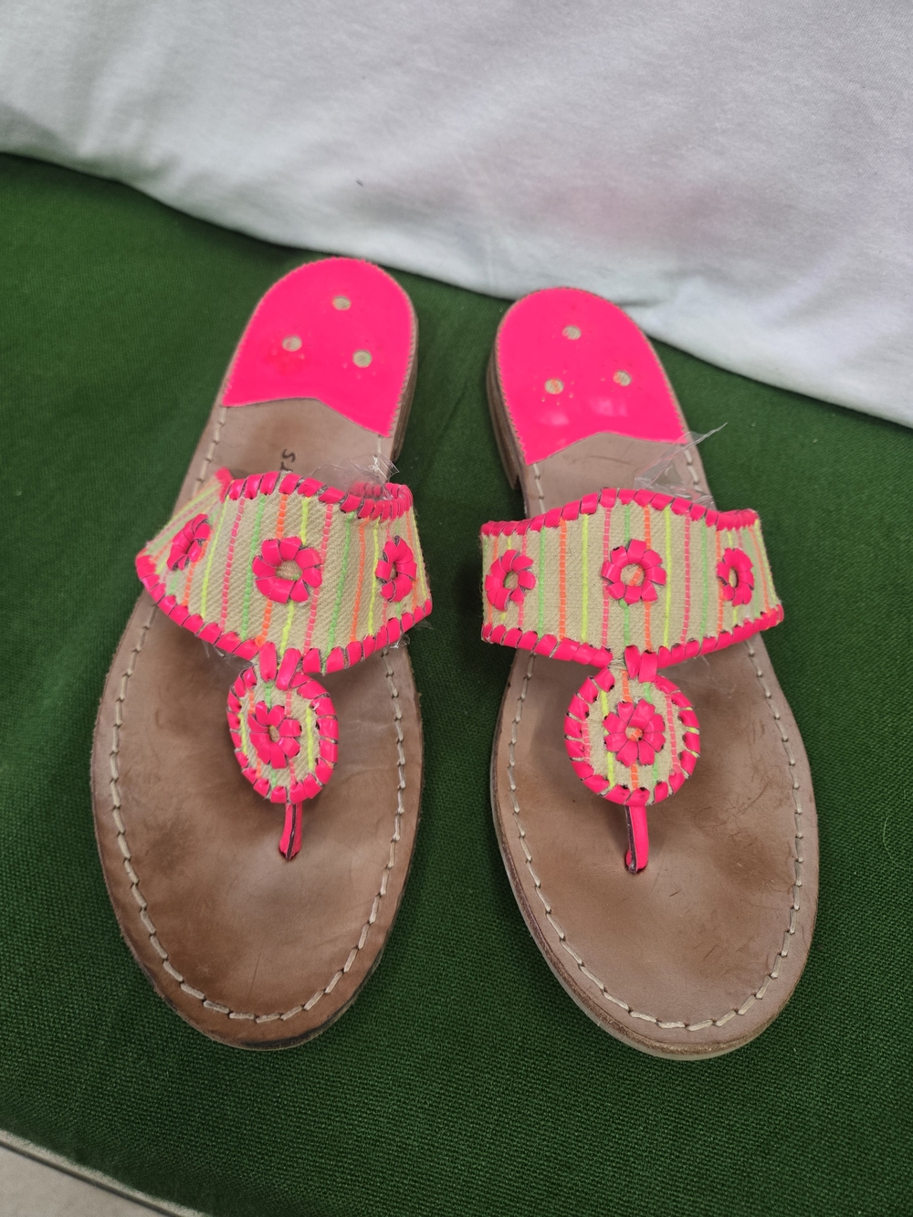 Jack Rogers Neon Pink and Tan Floral Thong Sandals